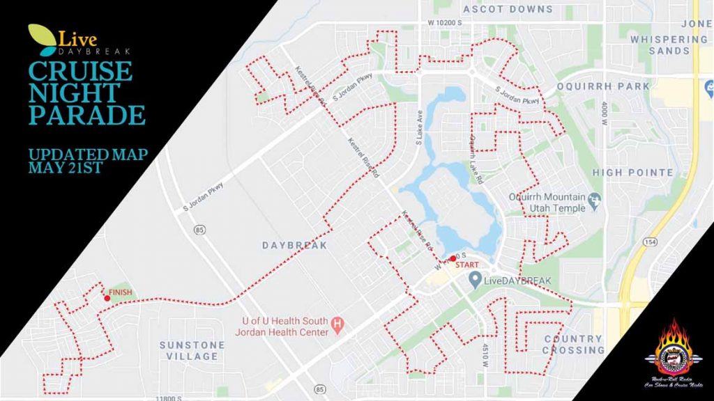 Map of Daybreak's Cruise Night Parade for May 21, 2020.